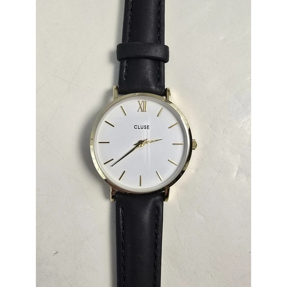 Cluse Minuit Womens Watch 38mm Gold Tone Round White Dial Black Leather Band NWT